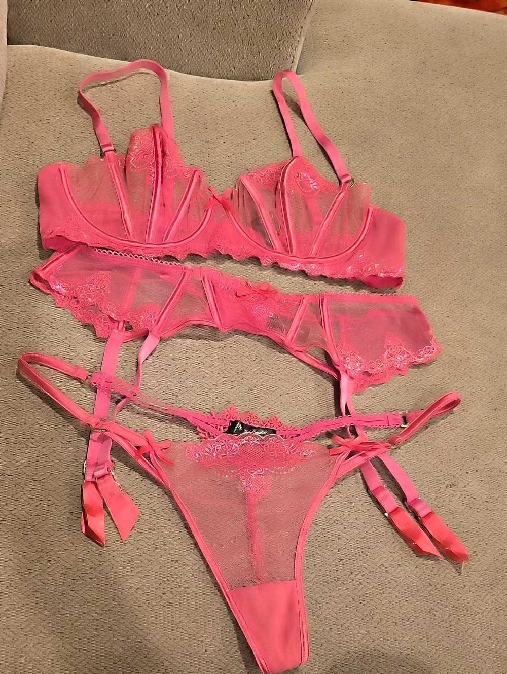 Honey Birdette Natalie 3 Piece Set Hot Pink Lingerie Set Pink 38D And XXL Thong
